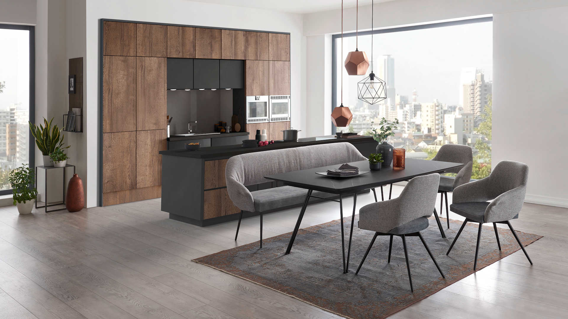 Tischgruppe mit Polsterbank Z22716 - Steinoptikplatte, modern